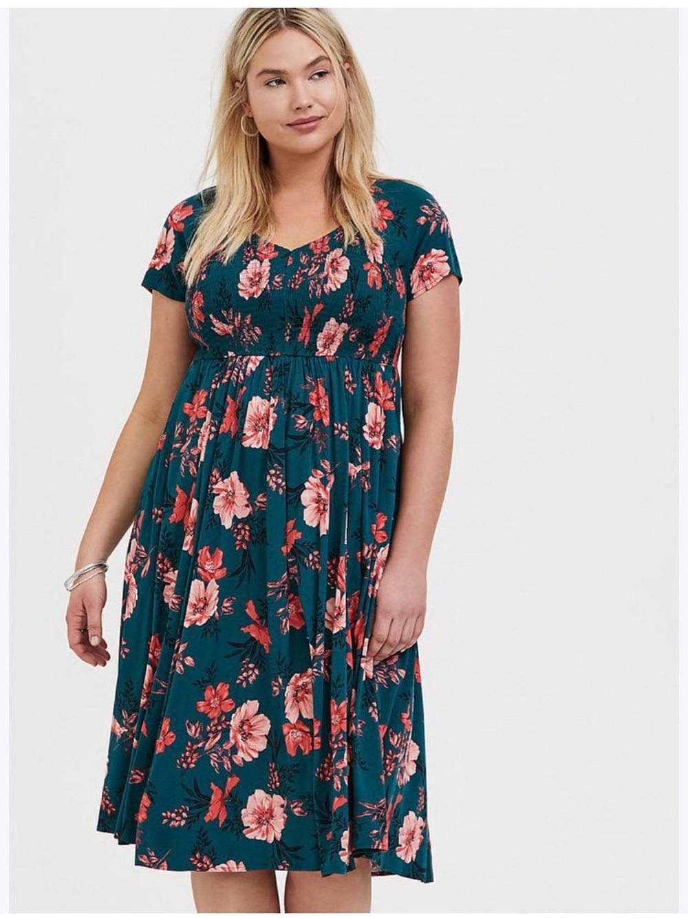 torrid Teal Floral V‑Neck Short Sleeve Midi Dress